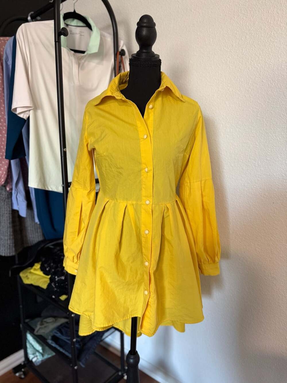 Jennyfer Garment Yellow Button Down Long Sleeve Shirt Dress Mini